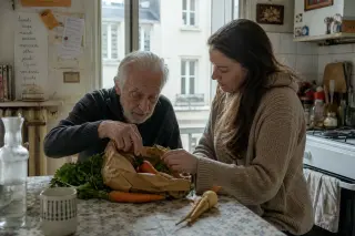 Senior man and adult daughter choosing vegetables together in a softly lit Nantes kitchen, sharing a quiet, natural moment at the table.