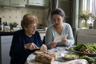 Elderly woman preparing food with a young relative in a softly lit Nantes kitchen, both concentrating on their task in a natural, everyday atmosphere.