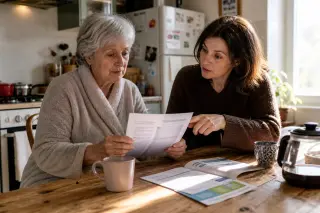 Senior woman and adult daughter naturally discussing paperwork over coffee in a sunlit Nantes kitchen, expressions relaxed and scene candid.